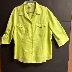 Carroll Reed Woman 100% Linen Lime Green Button Up Shirt Roll Tab Sleeve Size 1X